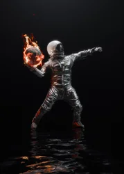 El astronauta y la Tierra en llamas