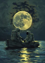 La pareja de astronautas y las aguas a la luz de la luna