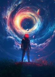 Astronauta frente a un portal cósmico