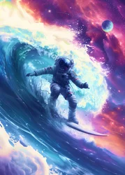 Astronauta surfeando una ola cósmica