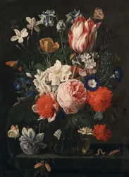 Una rosa, un tulipán, gloria de la mañana y otras flores en un jarrón de vidrio sobre un borde de piedra, 1671