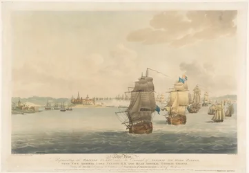 Según Pocock, este grabado representa a la flota británica al mando del almirante Sir Hyde Parker, con el vicealmirante Lord Nelson, K.B. y el contralmirante Thomas Graves