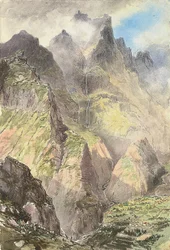 El Grande Curral, Madeira, con un grupo de turistas en primer plano, el Pico Grande más allá (acuarela sobre papel)