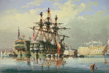 Barcos en servicio ordinario en Devonport, c.1850 (acuarela)