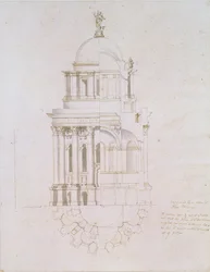 Elevación, sección transversal y plano de un baptisterio no realizado para la Catedral de San Pablo, c.1711-12