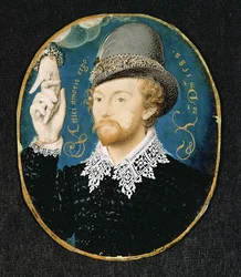 Hombre estrechando la mano desde una nube, posiblemente William Shakespeare, 1588