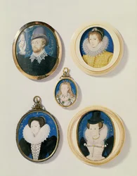 Miniaturas, de izquierda a derecha, de arriba a abajo: Hombre con una mano de una nube; Joven desconocido, 1588; Sra. Holland de 26 años, 1593; Arabella Stuart, Duquesa de Lennox; Dama desconocida