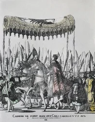 Hogenberg, Nicolas (1500-1539). La coronación de Carlos V en Bolonia. Carlos V (1500-1558). Emperador del Sacro Imperio Romano Germánico (1519-1556) y rey de España (1516-1556), como Carlos I; Clemente VII (1478-1534). Papa entre 1523 y 1534