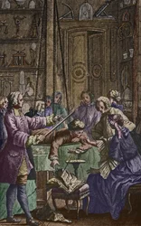 Experimento eléctrico realizado en un hombre por Abbe Jean Antoine Nollet (1700-70) en un gabinete de físico, ilustración de portada de Essai sur l