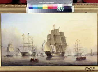El emperador Nicolás I (1796-1855) visitando Inglaterra (Emperador Nicolás I visitando Inglaterra). Los barcos disparan cañones para dar la bienvenida y festejar al Zar de Rusia. Pintura de Nicholas Matthew Condy (1816-1851), óleo sobre lienzo