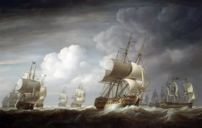 Una flota de barcos indianos, barcos británicos de la Compañía de Comercio de las Indias Orientales. Óleo sobre lienzo