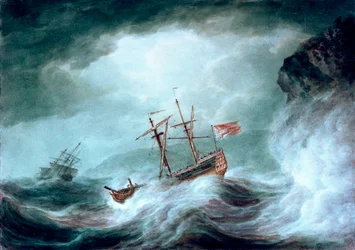 Una tormenta, con un barco anclado en peligro frente a una costa rocosa