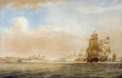 La flota británica frente al castillo de Kronborg, Elsinore, 28 de marzo de 1801 [antes de la batalla de Copenhague].