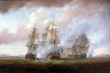 Captura de las fragatas francesas "Resistance" y "Constance" por los HMS "San Fiorenzo" y "Nymphe" el 9 de marzo.