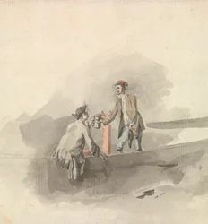 Dos hombres en una barca chocando jarras (?)