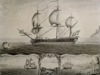 Vistas de la fragata Blandford en el paso a las Indias Occidentales y comerciando en la costa de África, c.1760 (pluma y tinta y aguada)