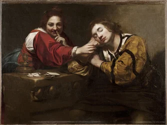 Escena de adivinación (durmiente despertado por una joven), por Renieri, Niccolo (Nicolas Regnier) (c. 1590-1667)