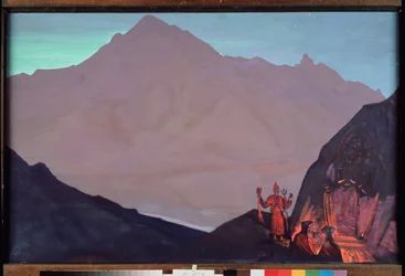Chenrezig (Bodhidattva de compasión dedicado al Dalai Lama, o Avalokiteshvara). Tíbet occidental en el Himalaya. (Los monjes budistas rinden homenaje a su representación grabada en la pared de la montaña del Himalaya). Pintura de Nicolás (Nicholas) Roeri