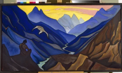 Comandos del maestro. (Comando del Maestro). Un hombre, sentado en meditación en un paisaje montañoso del Tíbet, se cierne sobre un gran pájaro blanco, espiritualidad budista. Obra de Nicholas Roerich (1874-1947), témpera sobre lienzo