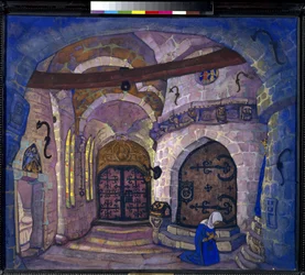 en el monasterio Decoración preparatoria para la ópera Soeur Beatrice de A. Davydov. Obra de Nicholas Roerich (1874-1947), témpera sobre cartón