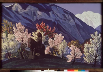 Guga Chohán. Valle de Kulu (India). (Estatua ecuestre entre los árboles en flor del Himalaya). Pintura de Nicolas (Nicholas) Roerich (1874-1947), témpera sobre lienzo