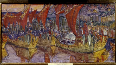 La campaña de Chersonessos por Vladimir el Grande (o El Santo, o el Sol Rojo, Vladimir I Sviatoslavitch de kyiv, 958-1015). Las Velas Rojas. Pintura de Nicolas Roerich (1874-1947), óleo sobre lienzo