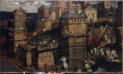 Construyendo una ciudad. (Construyendo un Pueblo). (para una comunidad rural en Ucrania). Pintura de Nicholas Roerich (1874-1947), óleo sobre lienzo