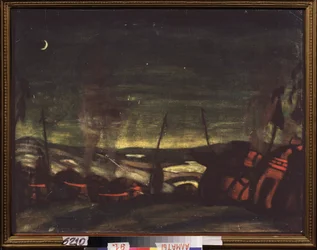 El campamento de Polovtsian (o Couman, Kuman) por la noche. Decoración preparatoria para la ópera Prince Igor de Alexandre Borodin (Borodin) (1833-1887). Obra de Nicholas Roerich (1874-1947), témpera sobre papel