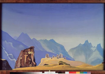 La espada de Gesar Khan (o rey Gesar de Ling, héroe mongol y tibetano). (Tumba de roca en una cumbre de la cadena del Himalaya). Obra de Nicolas (Nicholas) Roerich (1874-1947) témpera sobre lienzo