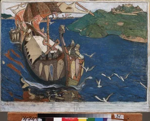 Visitantes extranjeros Los varegos (o Rus) en Rusia. Vikingos daneses y suecos, que recorrieron todo el sistema fluvial de los territorios orientales y construyeron fuertes. Obra de Nicholas Roerich (1874-1947), témpera sobre cartón