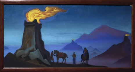 Las llamas de la victoria. (Siluetas de jinetes en las montañas del Himalaya, tarde). Obra de Nicholas Roerich (1874-1947), témpera sobre lienzo