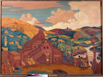 Las tres alegrías. Pintura de Nicolas (Nicholas) Roerich (1874-1947), témpera sobre lienzo