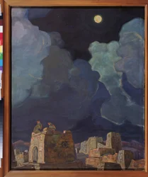 Macheski (Bielorrusia). gente de la luna. Obra de Nicholas Roerich (1874-1947), témpera y óleo sobre cartón
