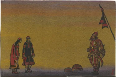 Polovtsianos, polovtsiano y doncellas, diseño de vestuario para "Danzas polovtsianas" de la ópera "Príncipe Igor" de Borodin, 1943