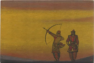 Polovtsianos, uno con un arco, diseño de vestuario para "Danzas polovtsianas" de la ópera "Príncipe Igor" de Borodin, 1943