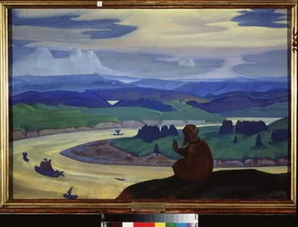 Procope el Grande (o Le Tondu) (circa 1380-1434) ora por los viajeros desconocidos. Obra de Nicholas Roerich (1874-1947), témpera sobre cartón