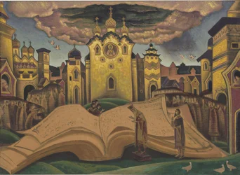 The Golubinaya Kniga (El libro de la paloma, le livre de la colombe) por Roerich, Nicholas (1874-1947). Témpera sobre lienzo, medidas : 73,5x101,5