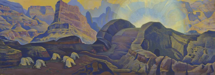 El Milagro (de la serie Messiah) por Roerich, Nicholas (1874-1947). Témpera sobre lienzo, medidas : 62x205
