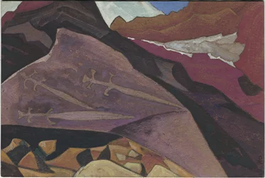 Tres espadas, imágenes en roca, Lahul, 1936