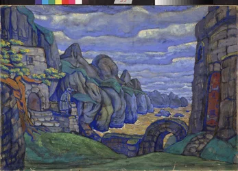 Pueblo junto al mar Decoración preparatoria para la ópera Tristán e Isolda de Richard Wagner (1813-1883). Obra de Nicholas Roerich (1874-1947), gouache y témpera sobre cartón