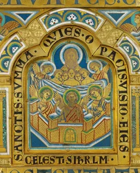 Jerusalén Celeste, del Altar de Verdún ... (placa esmaltada en técnica champleve sobre cobre dorado)