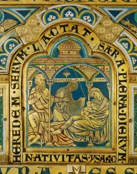 Isaac nace de Abraham y Sara (técnica champsleve, esmalte sobre cobre dorado)