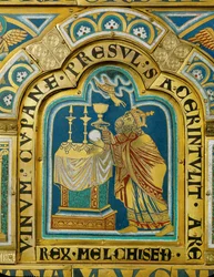 El rey-sacerdote de Salem, Melquisedec, sacrifica pan y vino ... (esmalte sobre cobre dorado)