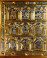 El Altar de Verdun hecho en oro y esmalte por Nicolas de Verdun (ca.1130/50-1205): escenas del Antiguo y Nuevo Testamento (cruzando el Mar Rojo, Rey Melquisedec, el bautismo de Cristo, t