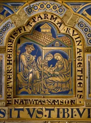 Altar de Verdún en oro y esmalte de Nicolas de Verdun (ca. 1130/50-1205): escenas del Antiguo y del Nuevo Testamento: detalle que representa el nacimiento de Sansón. Siglo XII, Klosterneuburg, Viena, Austria