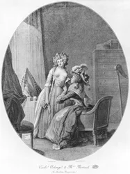 Madame de Merteuil seduciendo a Cécile Volange, ilustración de «Las amistades peligrosas» de Pierre Choderlos de Laclos (1741-1803), grabada por Romain Girard (n. hacia 1751), 1782