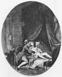 Valmont y Emilie, ilustración de «Las amistades peligrosas» de Pierre Choderlos de Laclos (1741-1803), grabada por Romain Girard (n. c. 1751), 1782