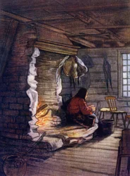 Noruega: preparando la cena, interior de una cabaña en Saelbo (litografía a color)