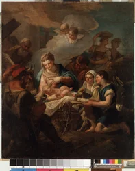 ""Adoración del Niño Jesús"" (La Adoración del Niño Jesús) Pintura de Nicola Grassi (1682-1748) Museo de Bellas Artes Mikalojus Konstantinas Ciurlionis del siglo XVIII, Kaunas, Lituania