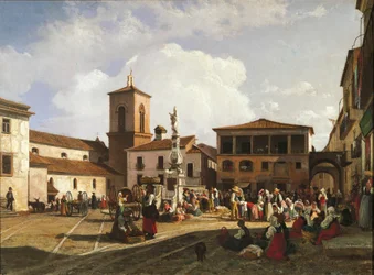 Benevento (Región de Campania), Plaza Orsini con el campanario de la Catedral y la fuente dedicada al Papa Orsini (óleo sobre lienzo)